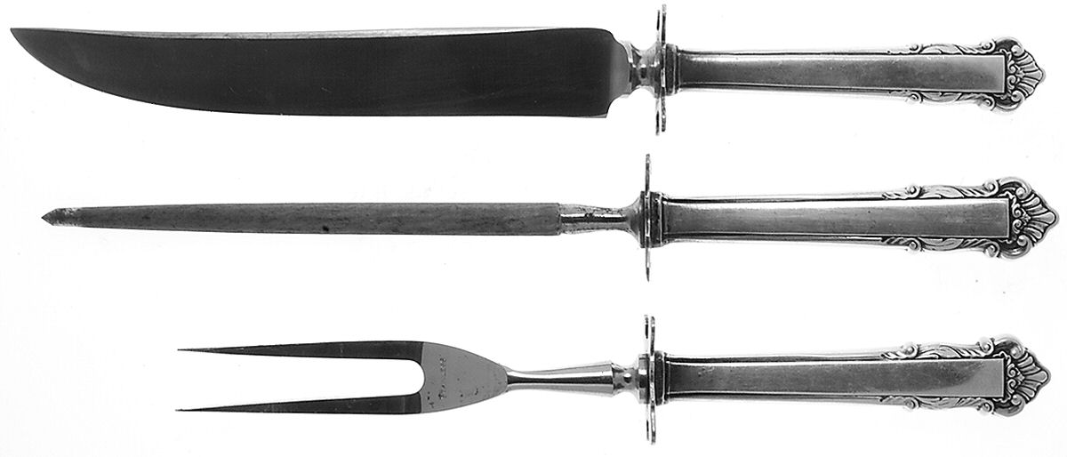 English Shell (Sterling, 1937) Small Steak 3-Piece Carving Set w/Stainless Blade by Lunt Silver-1