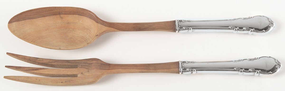 Modern Victorian (Sterling, 1941, No Monos) Wooden Bowl 2-Piece Salad Set by Lunt Silver-1