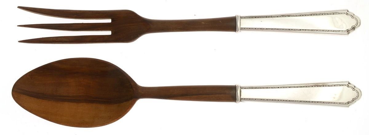 William & Mary (Sterling, 1921, No Monos) Wooden Bowl 2-Piece Salad Set by Lunt Silver-1