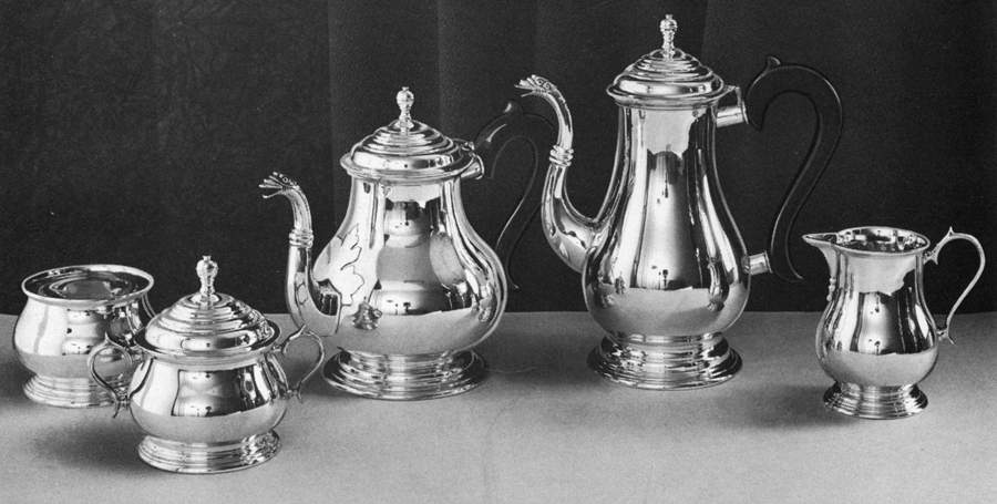 John Coney (Sterling, Hollowware) 5 Piece Tea Set (SCP, STP, SCR, SSU, SWB) by Lunt Silver-1