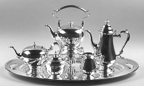 Early American-Plain (Sterling, Hollowware)  6 Piece Tea Set (SCP, STP, SCR, SSU, SKES, WTL) by Lunt Silver-1