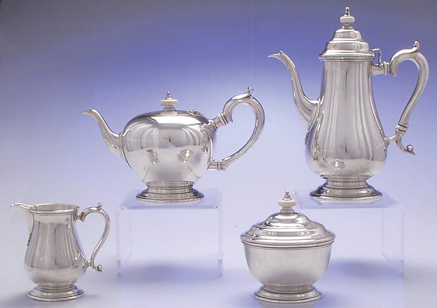 Early American-Plain (Sterling, Hollowware)  4 Piece Tea Set (SCP, STP, SCR, SSU) by Lunt Silver-1