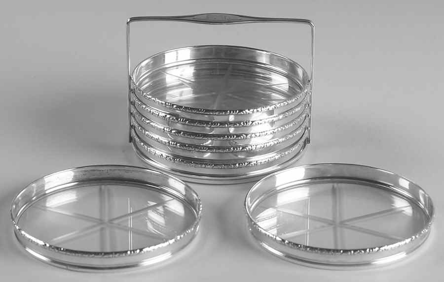 William & Mary (Sterling, Hollowware)  Coaster Set-7 Pcs W/Holder by Lunt Silver-1