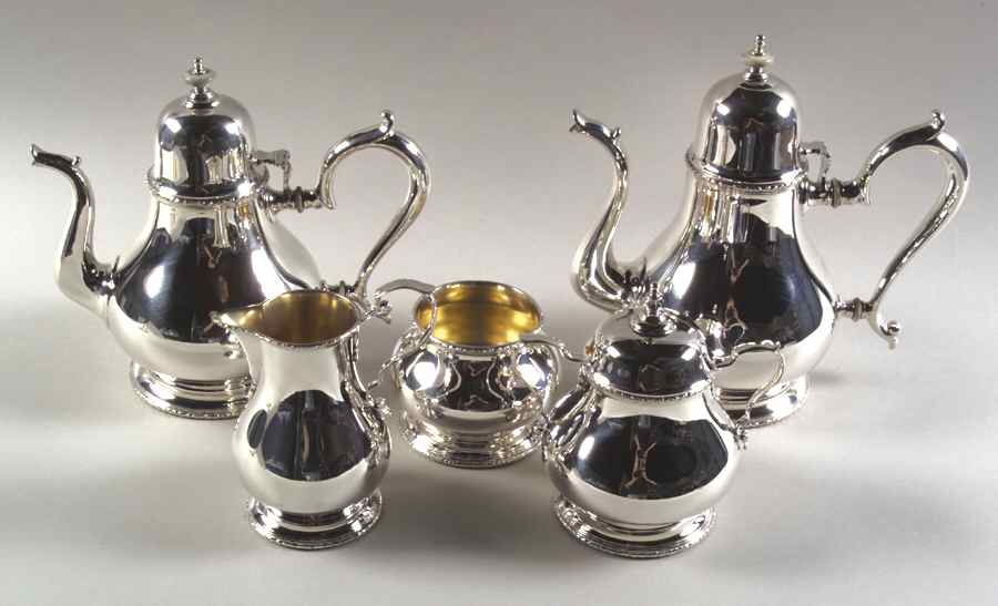William & Mary (Sterling, Hollowware)  5 Piece Tea Set (SCP, STP, SCR, SSU, SWB) by Lunt Silver-1