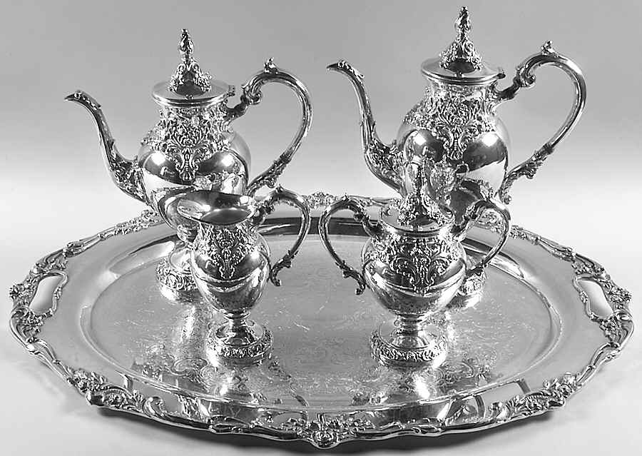 Eloquence (Silverplate, Hollowware) 5-Piece Silverplate Tea Set (with Tray) by Lunt Silver-1
