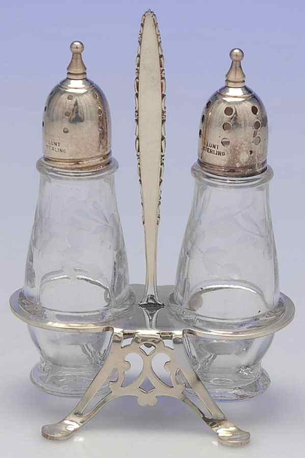 Lace Point (Sterling, 1965, Hollowware) Crystal Salt & Pepper Set w/Sterling Lid & Stand by Lunt Silver-1