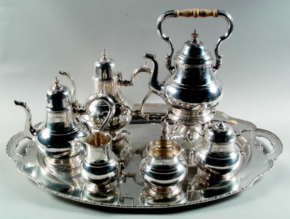 Mary II (Sterling, Hollowware) 7 Piece Tea Set (SCP, STP, SCR, SSU, SWB, SKES & WTL) by Lunt Silver-1