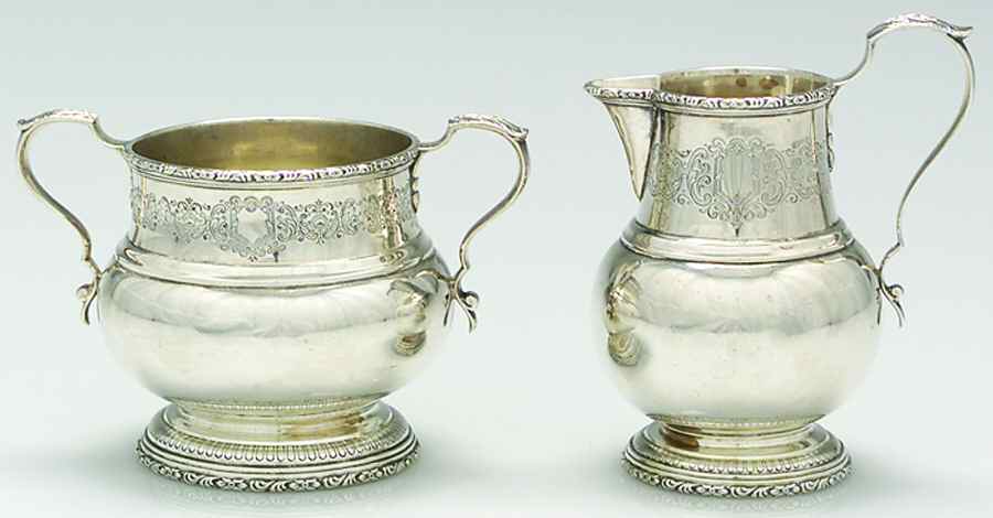 Mary II (Sterling, Hollowware) Mini Sterling Creamer and Open Sugar by Lunt Silver-1