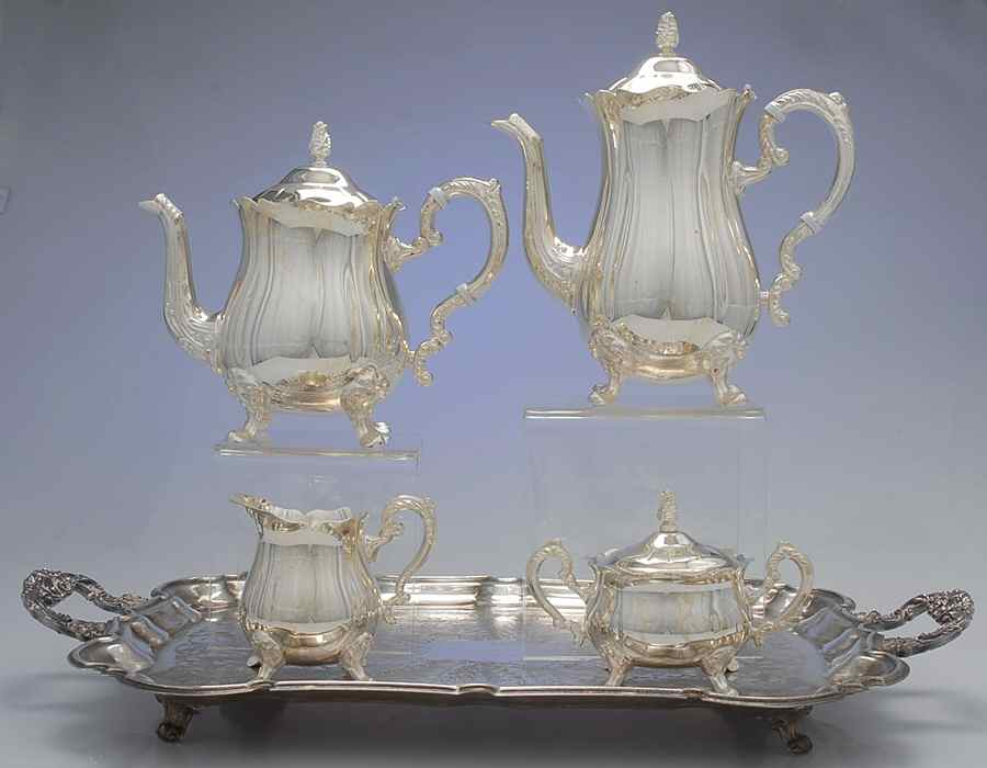 5017 (Silverplate, Hollowware) 5-Pc Silverplate Tea Set with Footed Tray by Leonard Silver Mfg Co-1