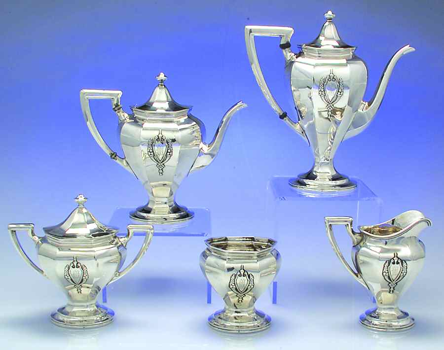 Mount Vernon (Sterling, Hollowware) 5 Piece Tea Set (SCP, STP, SCR, SSU, SWB) by Lunt Silver-1