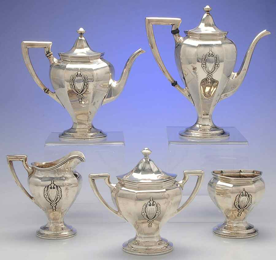 Mount Vernon (Sterling, Hollowware) 5 Piece Tea Set (SCP1, STP1, SCR1, SSU1, SWB1) by Lunt Silver-1