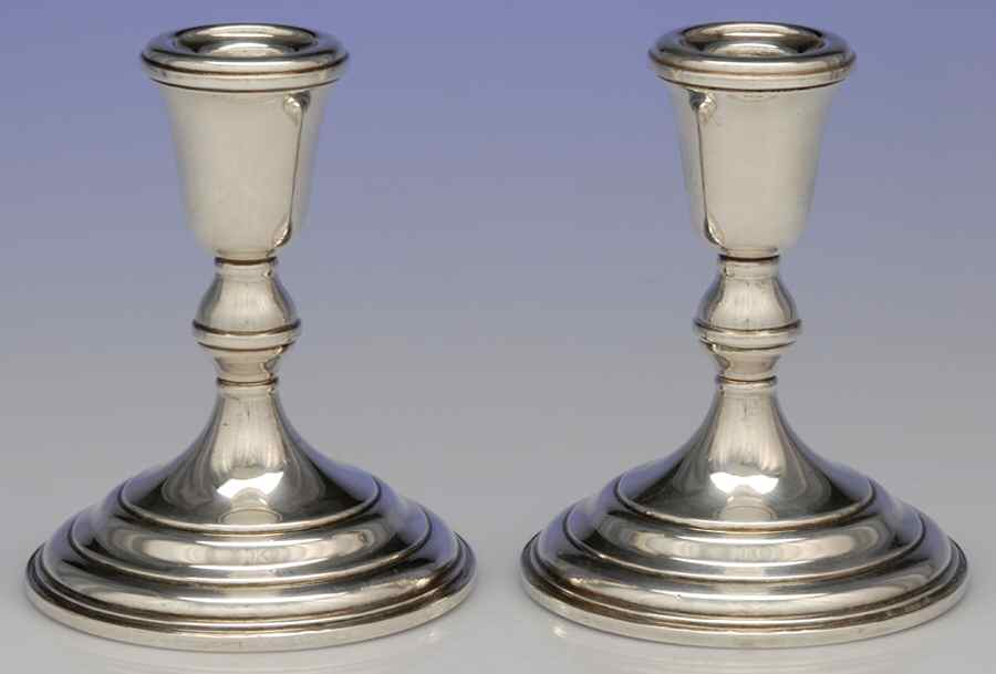 043 (Sterling, Hollowware) Pair of Weighted Console Candleholders by Lunt Silver-1