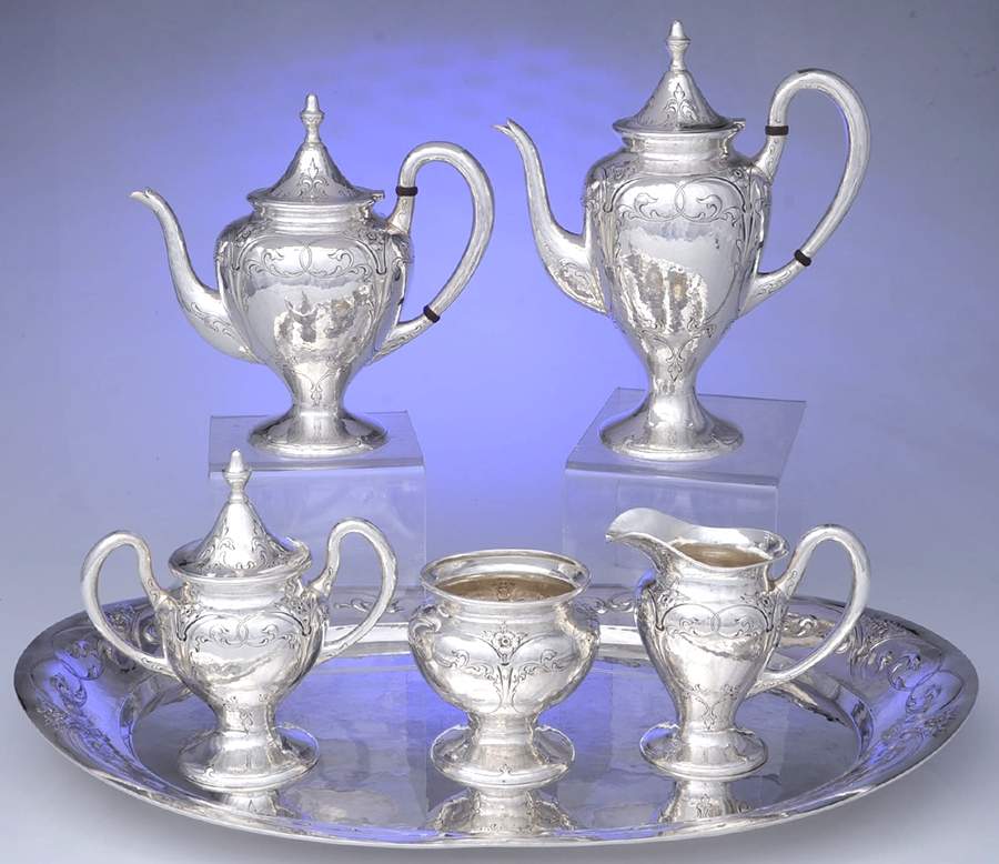 957 (Sterling, Hollowware) 6 Piece Tea Set (SCP, STP, SCR, SSU, SWB, WTL) by Lebolt & Co-1