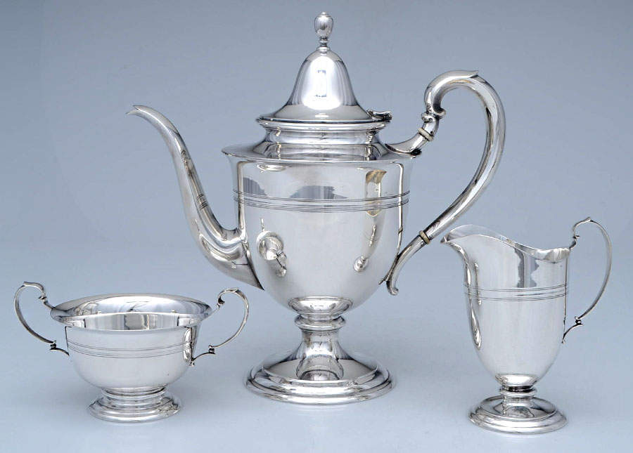1614 (Sterling, Hollowware) 3 Pc Tea Set (Coffee Pot, Creamer, Open Sugar) by La Pierre Silver-1
