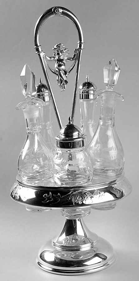 Silverplate Hollowware Cruet Set (5 Crystal Bottles with Stand) by Meriden Britannia -1