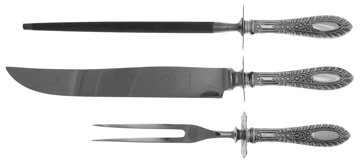 Gadroonette (Sterling, 1938, No Monograms) (3 Pc)Carving Set-Lg Stnbl/Roast w/Sterling Guard by Manchester-1