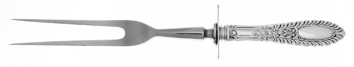 Gadroonette (Sterling, 1938, No Monograms) Large Stainless Prong Carving Fork W/Sterling Guar by Manchester-1