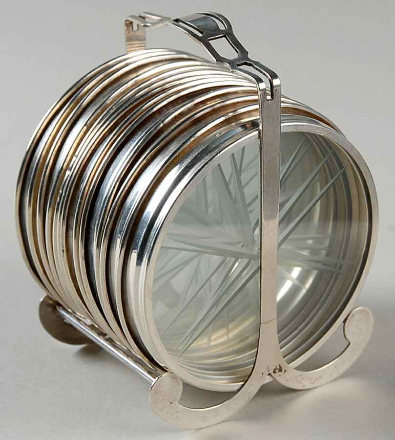 Sterling Hollowware Crystal Coaster with Sterling Rim - Set of 12 with Holder by M Fred Hirsch-1