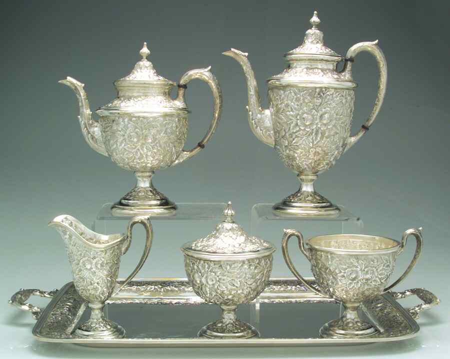 Southern Rose-Chased (Sterling, Hollowware) 6 Piece Tea Set (SCP, STP, SCR, SSU, SWB, WT20) by Manchester-1