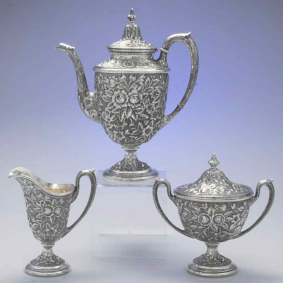 Southern Rose-Chased (Sterling, Hollowware) 3-Piece Coffee Set with Coffee Pot by Manchester-1