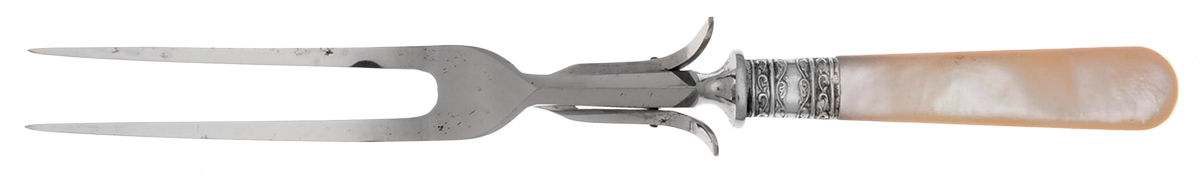 Pearl Handle 2 (Sterling) Pearl Handle Lg Stainless-Prong Roast Carving Fork by Meriden Cutlery Co-1