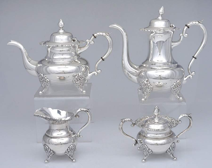 Georgian Fluted II (Sterling, Hollowware) 4 Piece Tea Set (SCP, STP, SCR, SSU) by Miyata-1