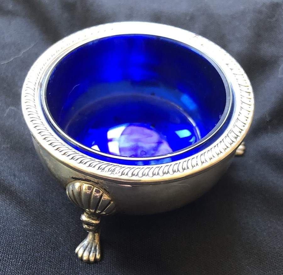 485 (Sterling, Hollowware) Open Salt with Cobalt Liner Individual by M Fred Hirsch-1