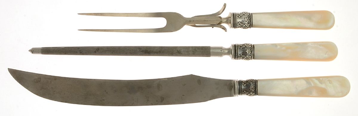 Pearl Handle 6 (Sterling) Large 3-Piece Roast Carving Set w/ Stainless Blade by Meriden Cutlery Co-1