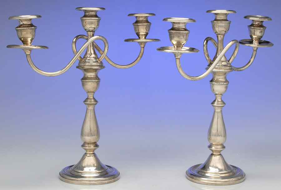 263 (Sterling, Hollowware) Pair of 13" 3 Light Candelabra by Mueck-Cary-1