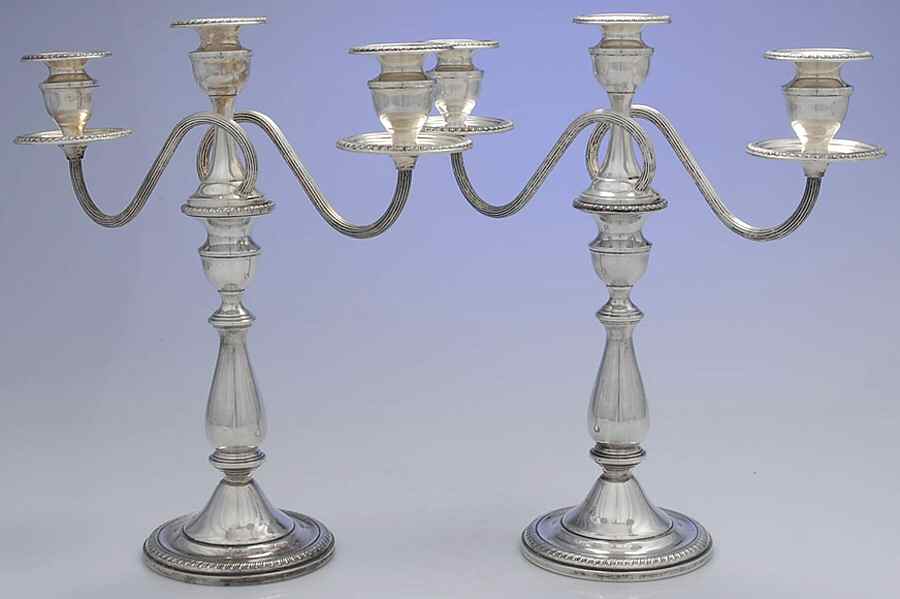 263 (Sterling, Hollowware) Pair of Weighted 3 Light Candelabra by Mueck-Cary-1