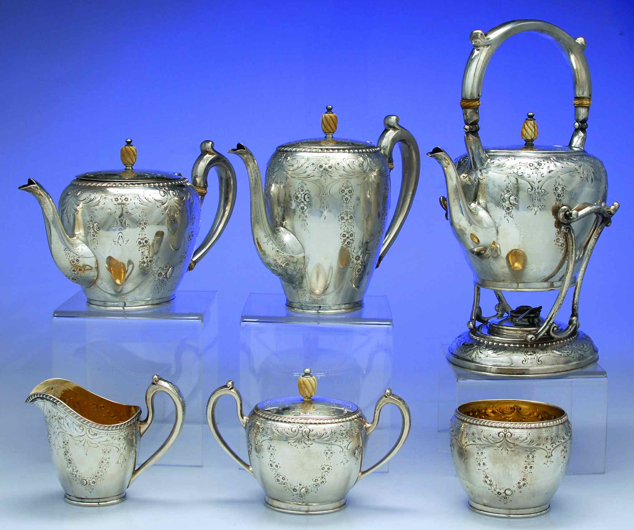 J22 (Sterling, Hollowware) 6 Piece Tea Set (SCP, STP, SCR, SSU, SWB, SKES) by Mount Vernon-1
