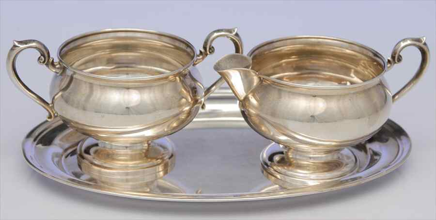 619x (Sterling, Hollowware) Mini Creamer, Sugar and Tray by M Fred Hirsch-1