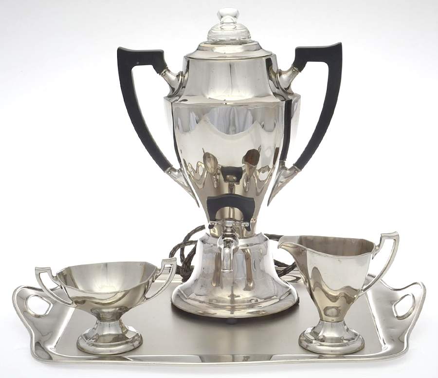 Silverplate Hollowware (4 Pc) Coffee Set (Percolator,Creamer,Sugar,Tray) by Manning, Bowman & Co.-1