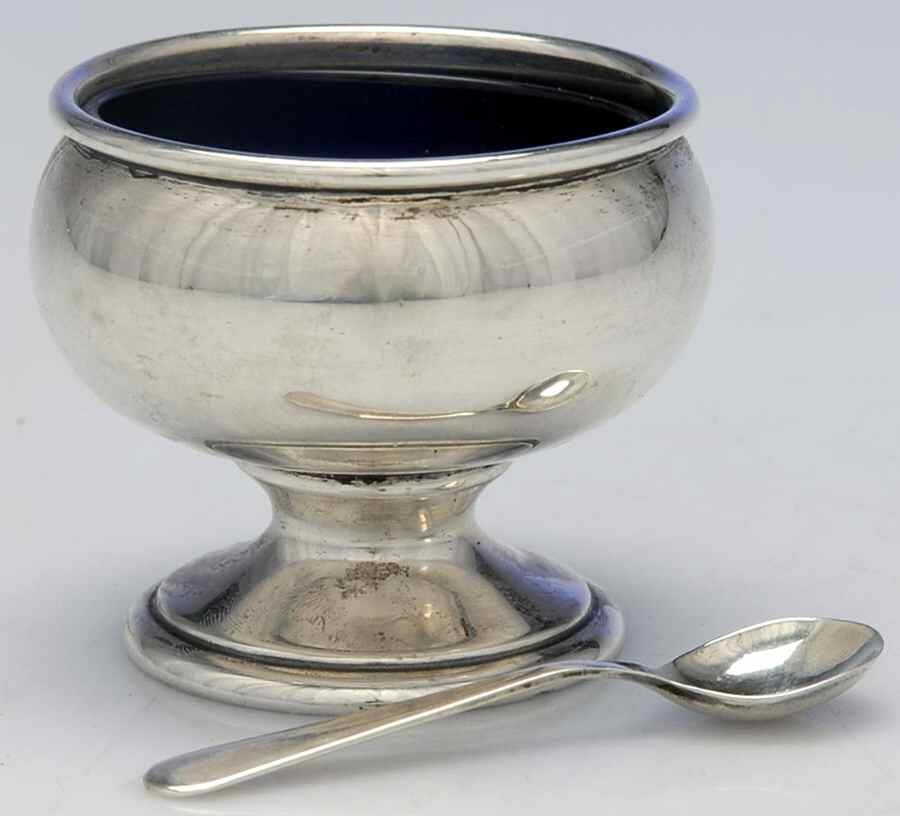 586 (Sterling, Hollowware) Master Open Salt W/Cobalt Liner & Spoon by M Fred Hirsch-1