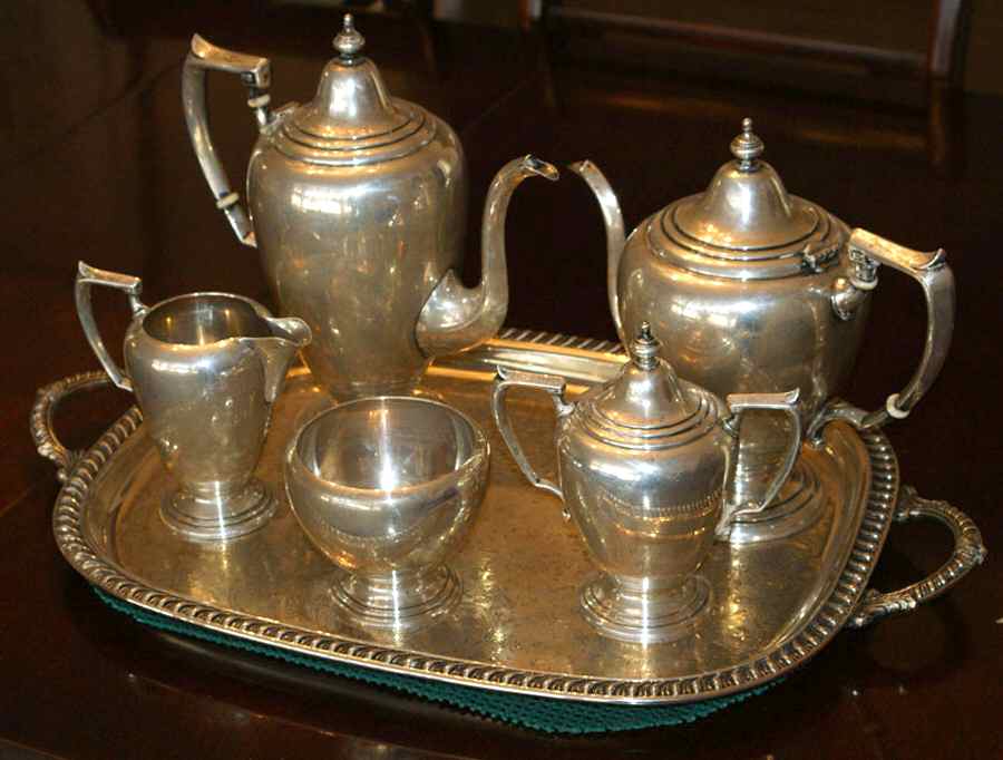 439 (Sterling, Hollowware) 5 Piece Tea Set (SCP, STP, SCR, SSU, SWB) by M Fred Hirsch-1