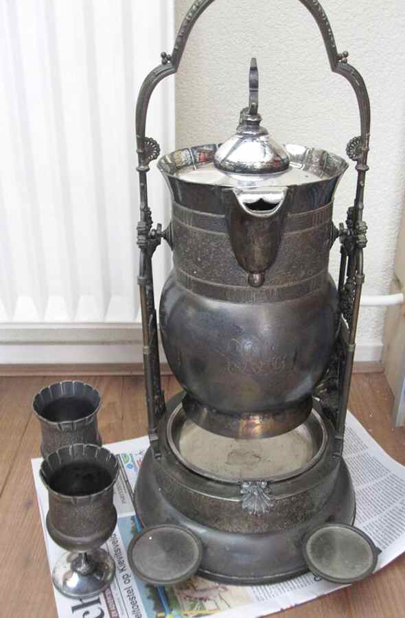 MBC9 (Silverplate, Hollowware) Pitcher with Hinged Lid,Tilting Stand & 2 Goblets by Meriden Britannia -1