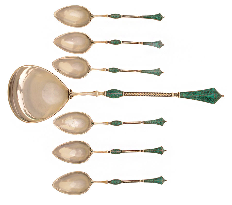 Enameled Sterling Flatware (7pc) Enamel Ice Cream Set (ICSPEN & 6 ICSPE) by Marius Hammer (Norway)-1