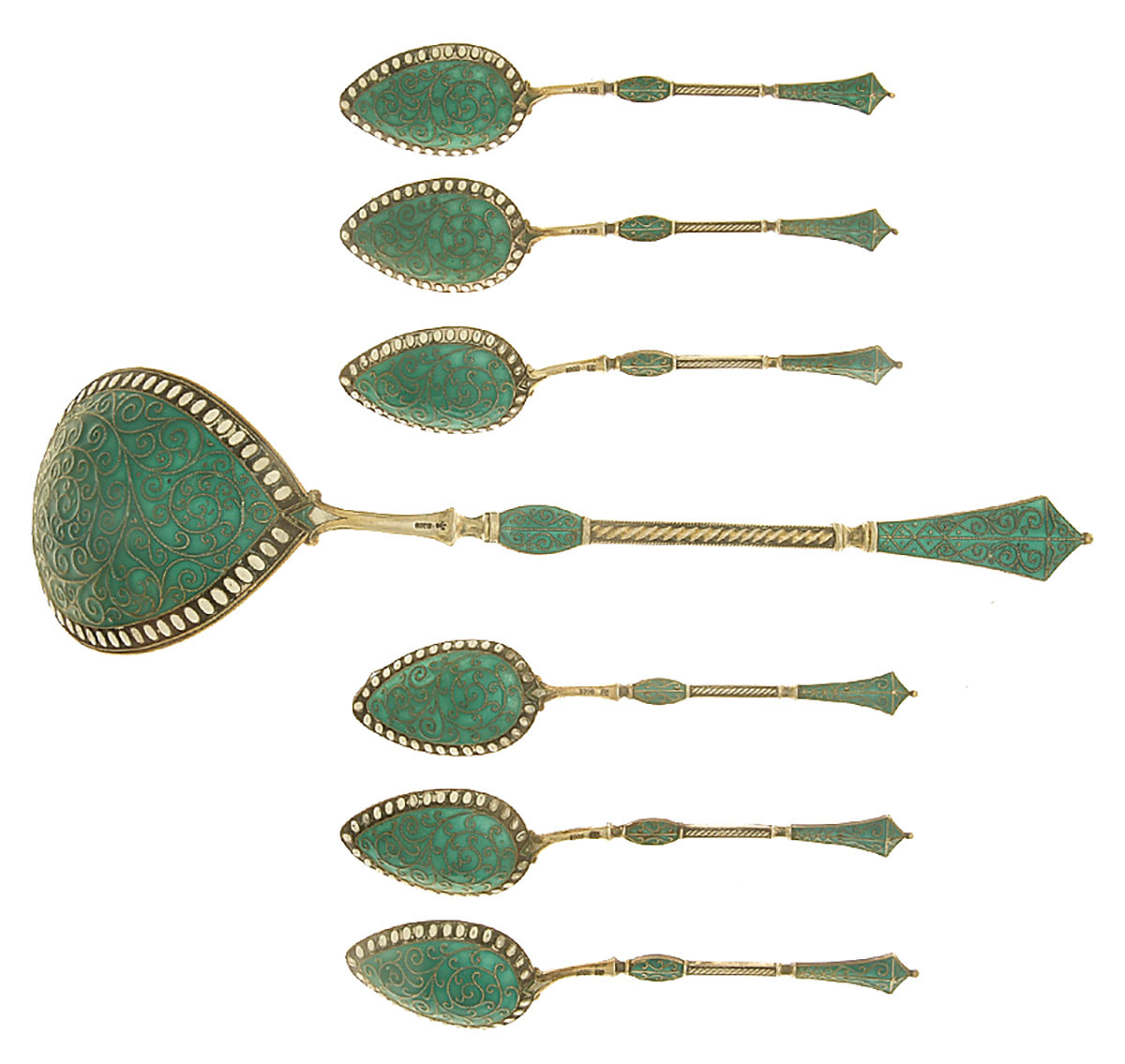 Enameled Sterling Flatware (7pc) Enamel Ice Cream Set (ICSPEN & 6 ICSPE) by Marius Hammer (Norway)-2