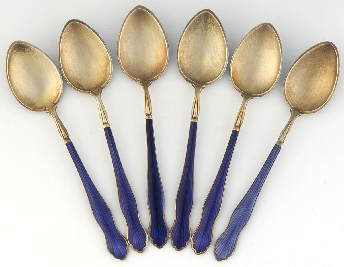 Enameled Sterling Flatware Enameled Demitasse Spoon - Set of 6 by Marius Hammer (Norway)-1