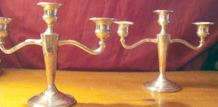 149 (Sterling, Hollowware) Pair of Weighted 3 Light Candelabra by M Fred Hirsch-1