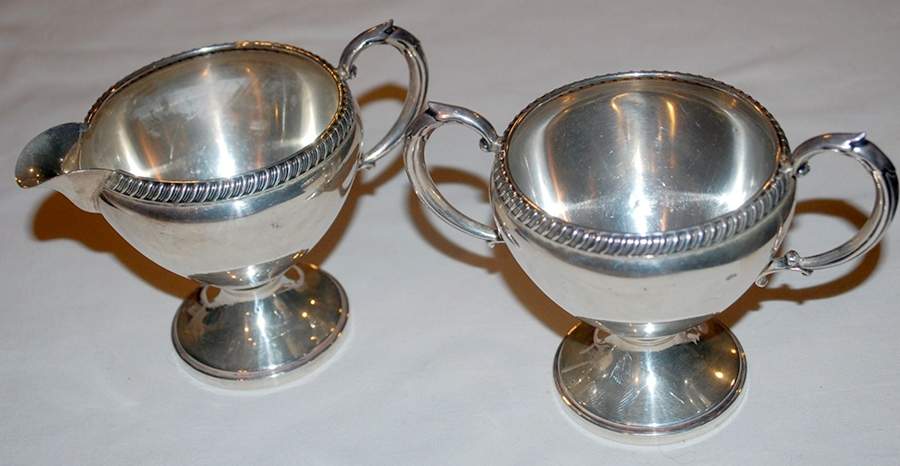 730 (Sterling, Hollowware) Weighted Mini Creamer and Open Sugar by M Fred Hirsch-1