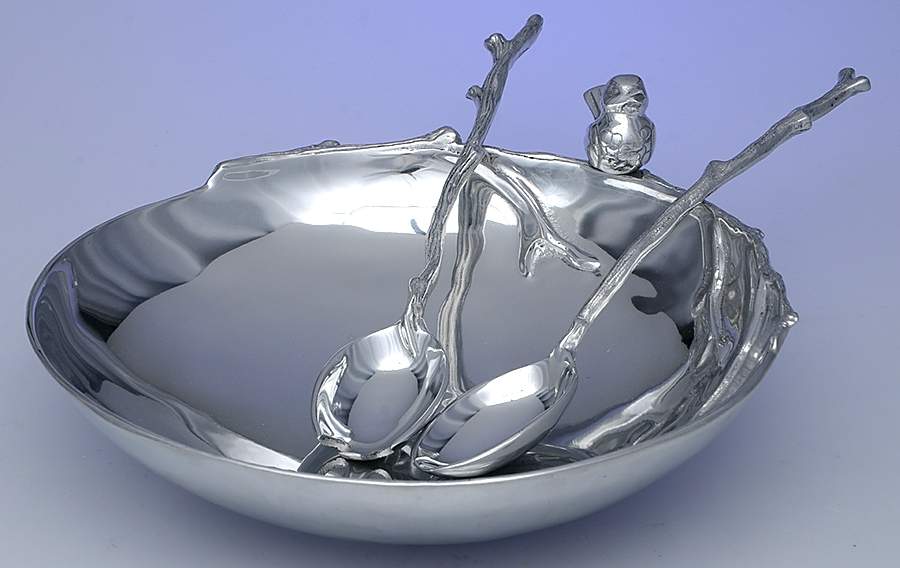 Bird & Branch Collection (Aluminum, Hollowware) Salad Serving Bowl with Fork and Spoon by Mariposa-1