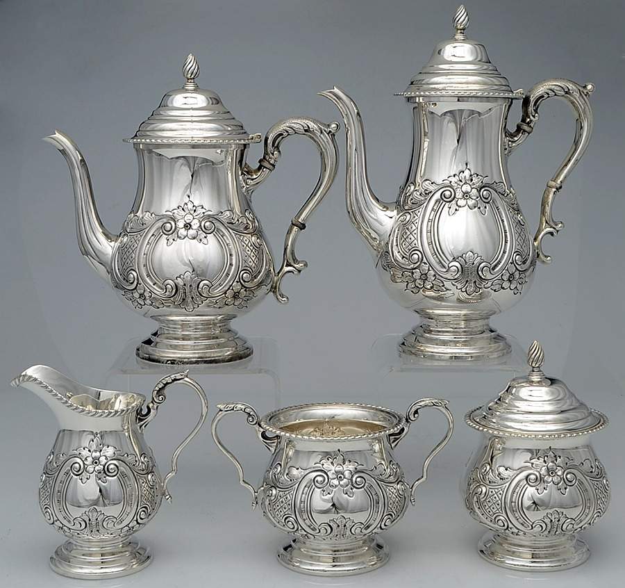 225 (Sterling, Hollowware) 5 Piece Tea Set (SCP, STP, SCR, SSU, SWB) by Michael C Fina-1