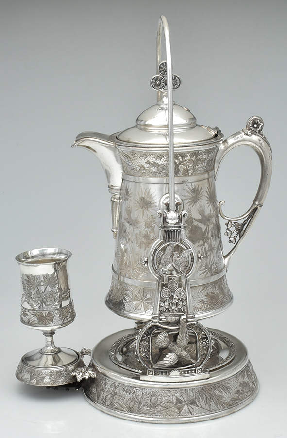 43 (Silverplate, Hollowware) Pitcher with Hinged Lid,Tilting Stand & 1 Goblet by Meriden Britannia -1