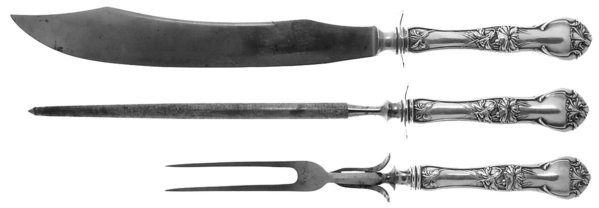 Carnation (Silverplate, 1910) Large 3-Piece Roast Carving Set w/ Stainless Blade by National Silver Co-1