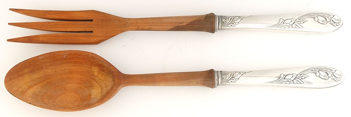 Garden of Roses (Silverplate, 1952) Wooden Bowl 2-Piece Salad Set by National Silver Co-1