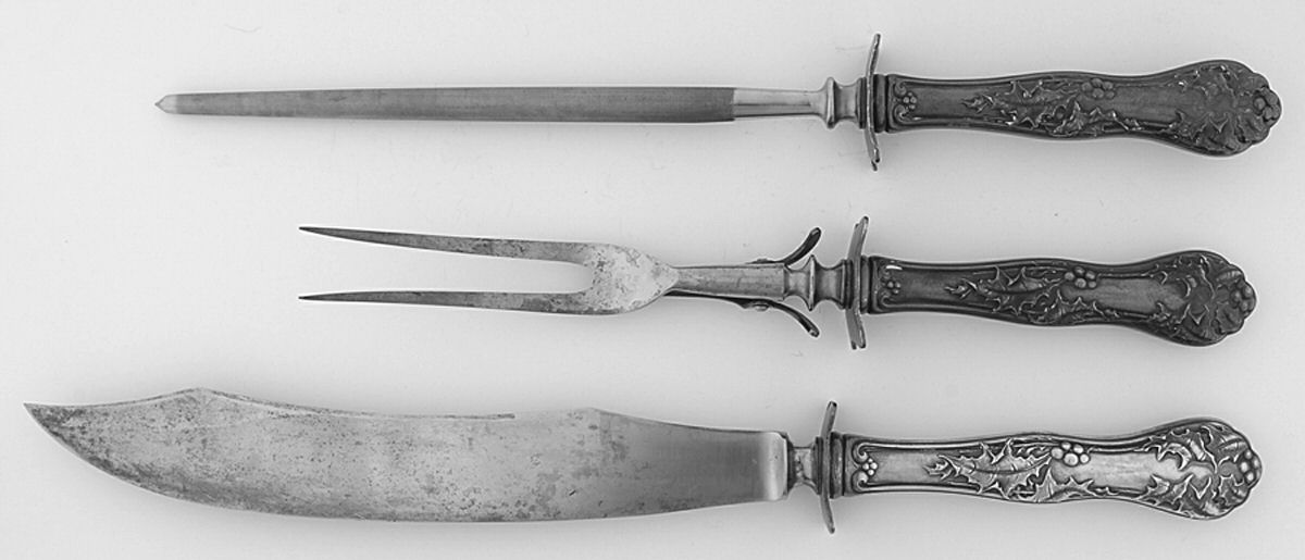 Holly (Silverplate, 1904-1907) Large 3-Piece Roast Carving Set w/ Stainless Blade by National Silver Co-1
