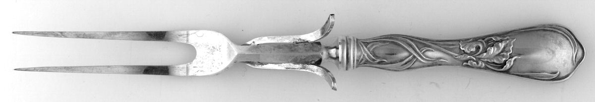 Iris (Silverplate, 1902) Small Steak Carving Fork with Stainless Prongs by National Silver Co-1