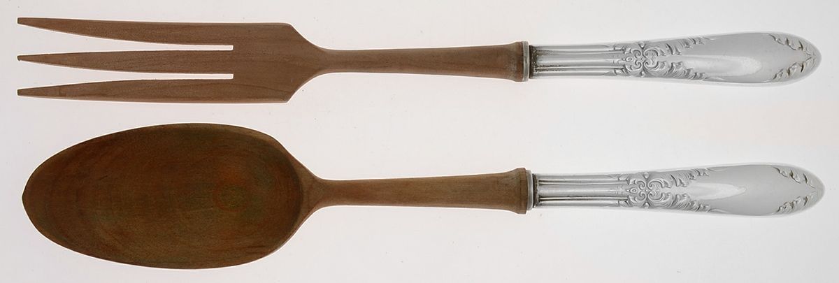King Edward (Silverplate 1936, 1951) Wooden Bowl 2-Piece Salad Set by National Silver Co-1