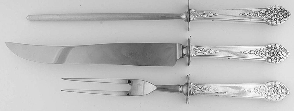 Moss Rose (Silverplate, 1949) Large 3-Piece Roast Carving Set w/ Stainless Blade by National Silver Co-1